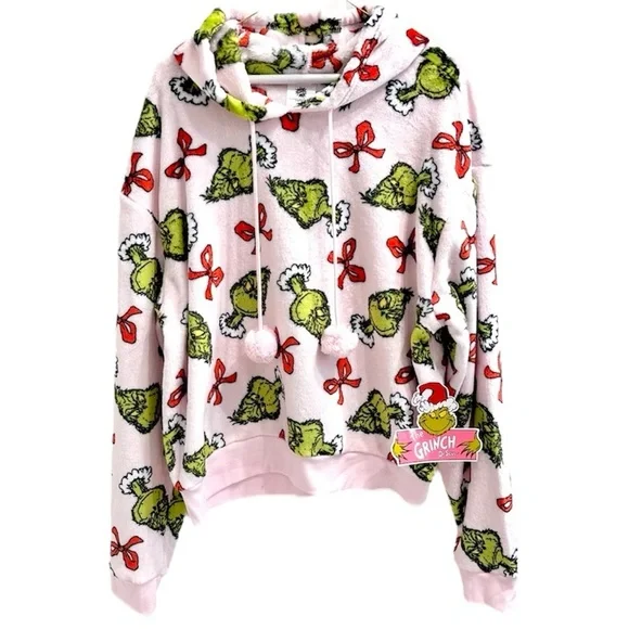🎄Dr. Seuss grinch pink graphic hooded fleece sweatshirt size-XL bows/grinch - Picture 1 of 5